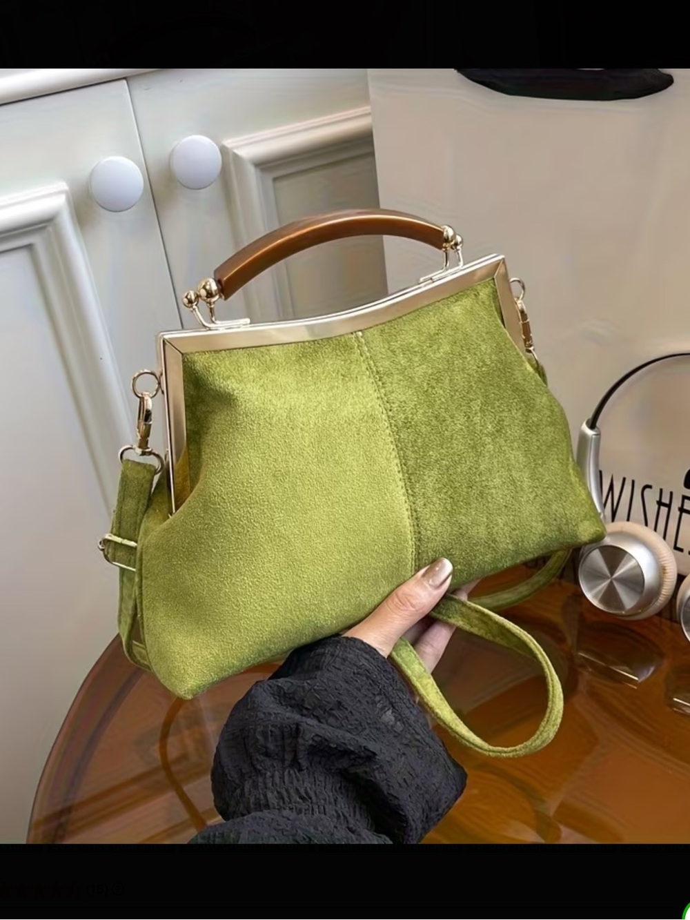 Green Suede Top-Handle Shoulder Bag
